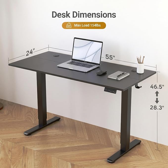Claiks Electric Standing Desk, 55x24 Inch, Black | Adjustable height for sit-stand, 156lbs capacity, scratch-resistant surface, 3 memory presets, cable management & hook.