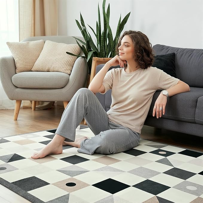 Terrug Grey and Beige Geometric Checkered Rug for Bedroom, 4x6 Area Rugs Washable with Non Slip for Living Room, Soft Low Pile Stain Resistance Carpet for Kids Room