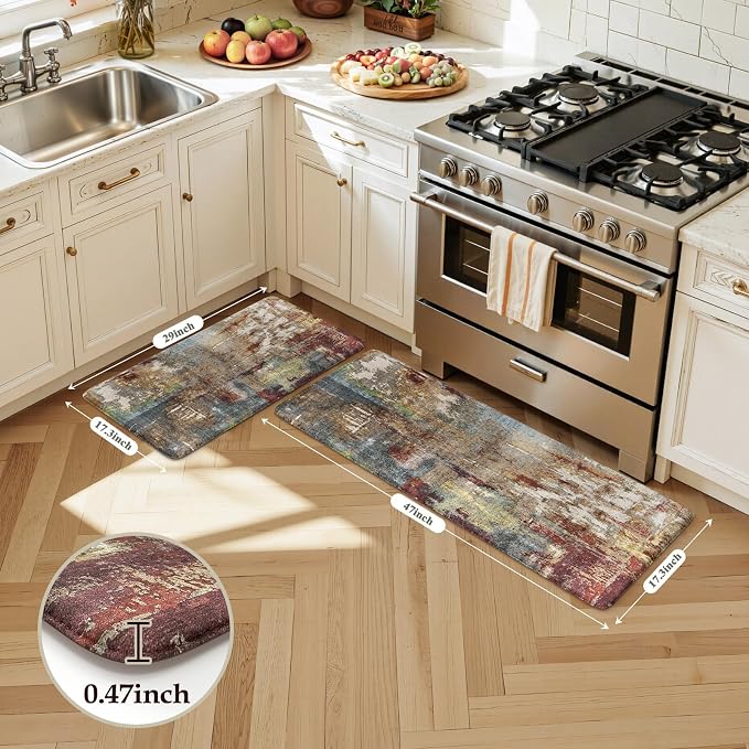 LEEVAN Anti Fatigue Kitchen Mats for Floor, Cushioned Kitchen Mat Set 2PCS | 17.3"x29"+17.3"x47", Modern Abstract Red Kitchen Rugs Non-Slip, Waterproof Ergonomic Standing Mat for Laundry, Office, Sink
