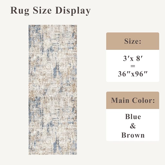 3x8 Washable Non-Slip Runner Rug Modern Abstract Neutral Wide Carpet Runner for Kitchen, Hallway, Entryway, Bathroom, Bedroom Low-Pile Thin Floor Mat (Blue Brown)