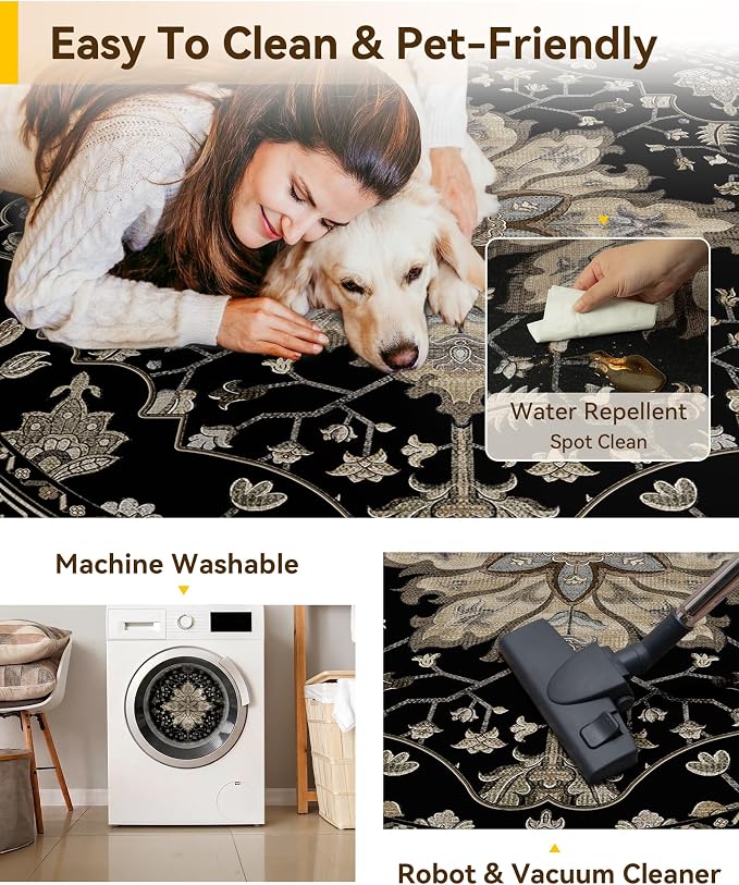 RELEANY Area Rugs Round 7ft Washable Non-Slip, Floral Vintage Distress Medallion Carpet for Living Room Bedroom Dining Room, Black Brown Neutral Dark Tan
