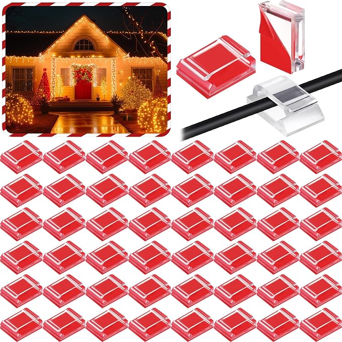 Hicarer 100 Pcs Christmas Light Clips Adhesive Hooks for Outdoor String Cable Wire Clips Adhesive Wire Management Cord Holder for The Wall, Under Desk, Car, Office and Home (Large, Red)