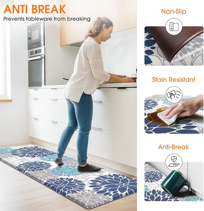 StepLively Kitchen Mats for Floor, 0.47" Anti Fatigue Mats for Kitchen Floor, Kitchen Decor and Accessories Non Slip Washable Mats Set of 2 for Sink, Laundry, 17.3"×30"+17.3"×47", Blue and White