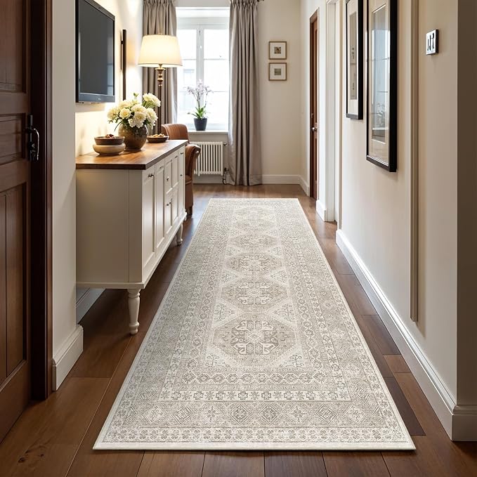 3x10 Runner Rug Kitchen Washable:Oriental Indoor Hallway Runners with Non Slip Backing Floor Mat for Entryway Door Low Pile Thin Carpet for Bedroom Bathroom Living Room Bedside (Beige, 3x10)