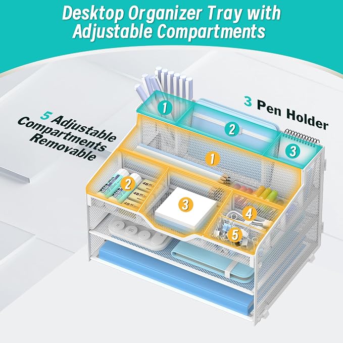 3 Tier Mesh Paper Desk Organizer with Pen Holders, White | Features 3 pen holders, and 5 adjustable compartments for office school home desk storage