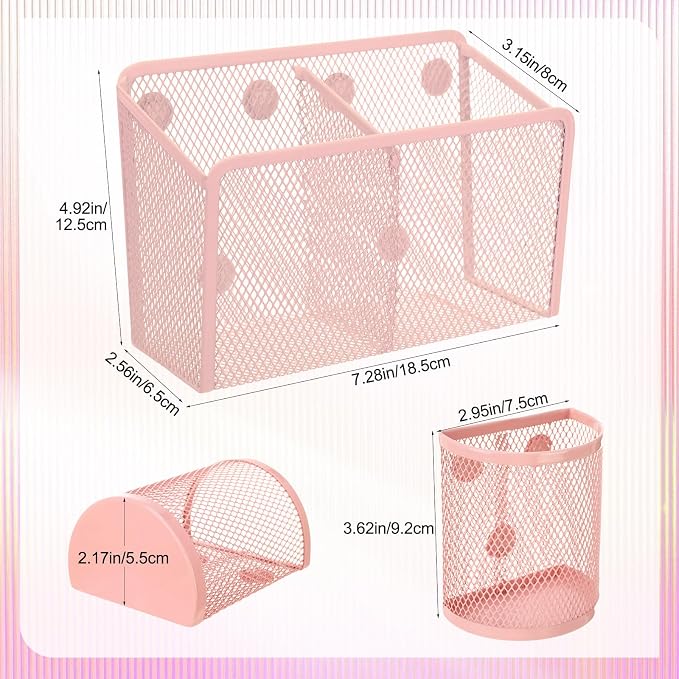 Sherr 3 Pcs Magnetic Pen Pencil Holder Set Magnets Wire Mesh Marker Holder Storage Basket for Locker Accessories Classroom Whiteboard Refrigerator and Home Wall, Macaron Color(Pink)