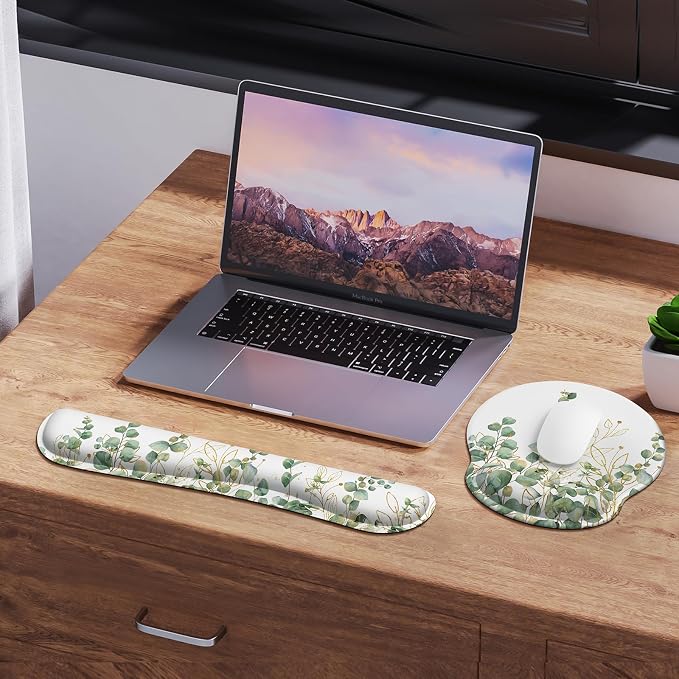 iLeadon Mouse Pad with Wrist Rest Set, Ergonomic Mousepad with Wrist Support, Easy Typing & Pain Relief, Keyboard Wrist Rest and Mouse Pad Set with Non-Slip Base for Computer Home, Eucalyptus, 3 PCS