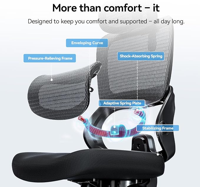 SIHOO B100 SE Office Chair, Desk Chair with Adaptive Lumbar Support & 2D Flip-up Armrests, 135° tilt Soft Memory Foam Erogonomic Chair for Home Office,Hold 300 LBS-Jet Black
