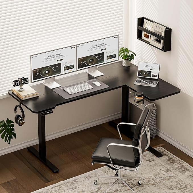 Acrolix L Shaped Electric Standing Desk - 59x40 Inch Reversible Corner Sit Stand Desk with Hook&Cup Holder,Electric Height Adjustable Table,for Home Office Gaming Computer Desk, Black