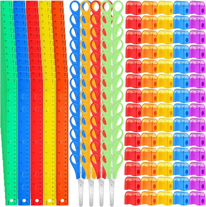 AmazingSpark 180 Pcs Back to School Supplies Kit Include 60 Clear Plastic Ruler 12 Inch 60 Safety Blunt Tip Student Scissors 60 Miniature Pencil Sharpeners with Cover for Classroom School Office