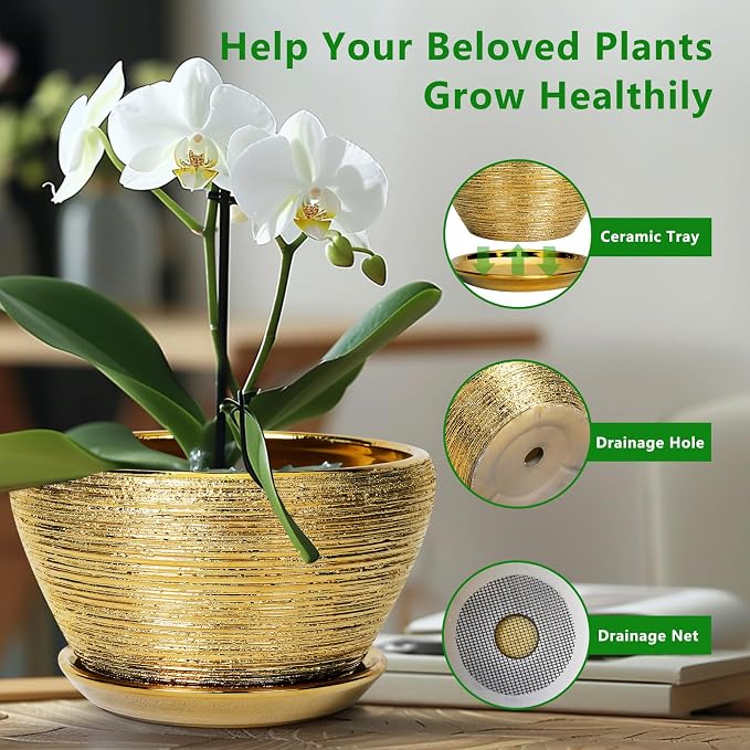Ceramicfor Ceramic Planter 11 Inch - Indoor Plant Pot with Drainage Hole and Saucer Large Planter for Outdoor Plants Mid-Century Decorative Flower Pot for Home Decor Gold