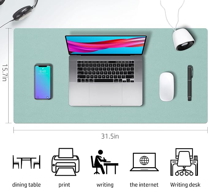 Desk Mat Large protector Pad - Multifunctional Dual-sided Office Desk Pad,Smooth Surface Soft Mouse Pad,Waterproof Desk Mat for Desktop, Pu Leather Desk Cover for Office/Home(Lake Blue, 31.5" x 15.7")