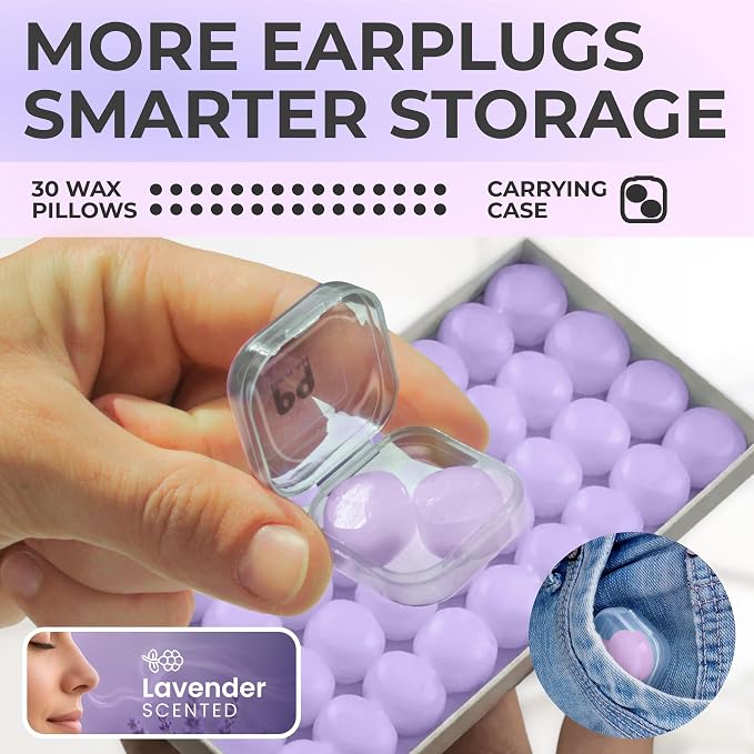 Peace&Quiet PQ Wax Ear Plugs for Sleeping, Swimming - 30 Soft Noise Cancelling Silicone Gel Wax Earplugs for Sleep and Swimmers, Ear Protection with Sound Blocking Level of 32 Db, Lavender
