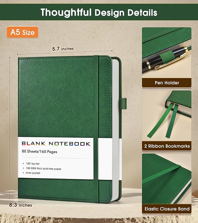Journal Notebook, A5 Leather Hardcover Blank Sketchbook, 160 Pages, 180° Lay-Flat Binding, 100 GSM Thick Paper, for Sketching, Drawing, Art Journaling & Creative Writing (Green)