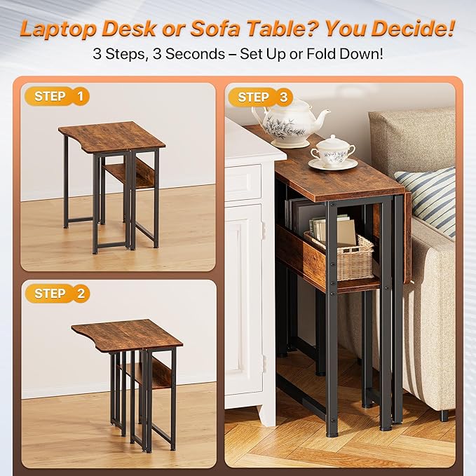 Huuger Folding Desk with Storage Shelf, 23.6 Inch Foldable Computer Table for Small Spaces, Space Saving Sofa Table for Couch, Writing Work Office Computer Desk, Easy to Fold, Rustic Brown