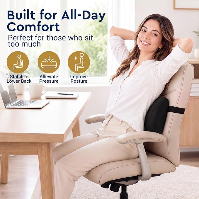 Lumbar Support Pillow for Office Chair - Ergonomic Lower Back Support Pillow with Adjustable Strap, C-Curve Back Cushion with T-Support Core for Car Seat, Gaming Chair, Desk Chair, Black