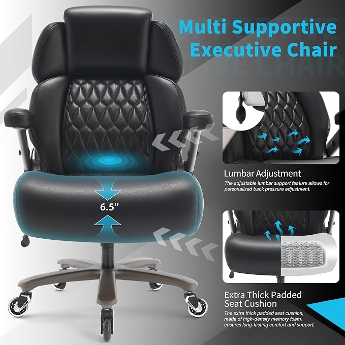 Big and Tall Office Chair 700lbs, Ergonomic High Back Computer Desk Chair | Adjustable Headrest&Lumbar Support, 3D Flip Arms, Large Wheels, Heavy Duty Metal Base, Thick Padded Wide Seat Executive Chair