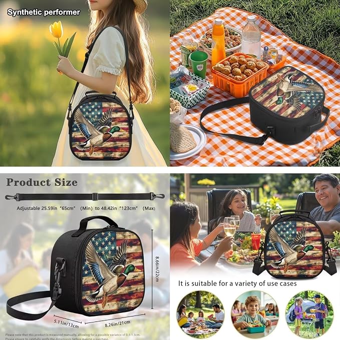 Duck Hunting Camo School Backpack for Boys Girls, American Flag Bookbag Set with Lunch Bag, Pencil Case & Bottle Holder, 4PCS 17 Inch Elementary Backpack for Kids Ages 6-8