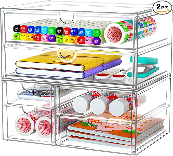 ARSTPEOE Acrylic Organizer with 6 Drawers, Bathroom Counter Organizer, Makeup Desk Organizers, Office Supplies, Storage Drawers for Cosmetic, Pencil, Coffee