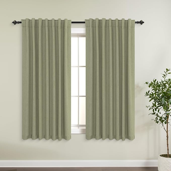 KOUFALL Short Window Black Out Curtains 54 Inch Long,Linen Boho Green Back Tab Blackout Curtains for Bedroom Small Windows 52x54 in Length 2 Panels Set