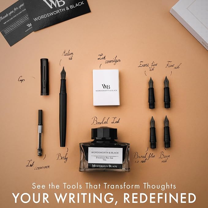 Wordsworth & Black Fountain Pen Gift Set, Includes Ink Bottle, 6 Ink Cartridges, A Refill Converter, 4 Replacement Nibs, Journaling, Calligraphy, Smooth Writing Pens [All Black]