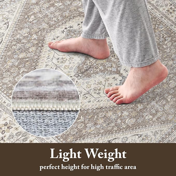 2x6 Washable Hallway Runner Rug:Oriental Indoor Kitchen Rugs Vintage Door Mat Non Slip with Rubber Backing Low Pile Thin Carpet for Bedroom Bathroom Living Room Bedside (2x6 Brown/Beige)