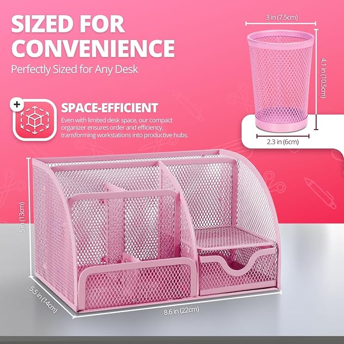 Flexzion Desk Top Caddy Organizer - Pink Office Desk Accessories Organizer and Storage - Metal Mesh Desk with 6 Compartments, Drawer and Pen Holder | Compact Desktop Caddy with Separate Pen Holder; 8.7 X 5.5 X 5 In for Office Supplies, Home Study, or D...