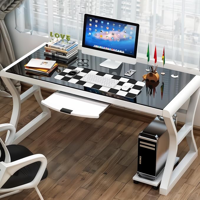Non-Slip Checkered Desk Mat, 31.5"x12", White Black | Waterproof PU Leather, Large Blotter, Easy Clean, For Work/Home/Decor