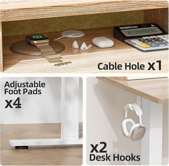 TIQLAB Standing Desk with Two Drawers, Stand Up Standing Desk Adjustable Height, Electric Sit Stand Table with Storage Shelf and Splice Board, 63 * 24 inch, Maple
