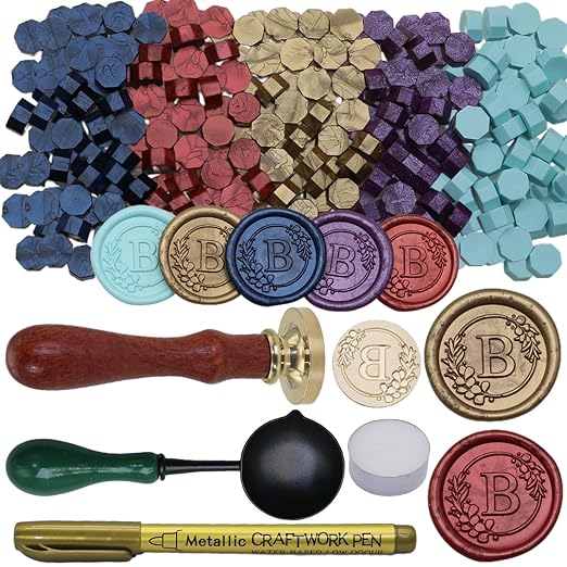 Initial Alphabet Wax Seal Stamp Set, Retro Letter B Sealing Stamp with 150Pcs Sealing Wax Beads in 5 Color, Melt Non Stick Spoon Pen Kit for Wedding and Christmas (B)