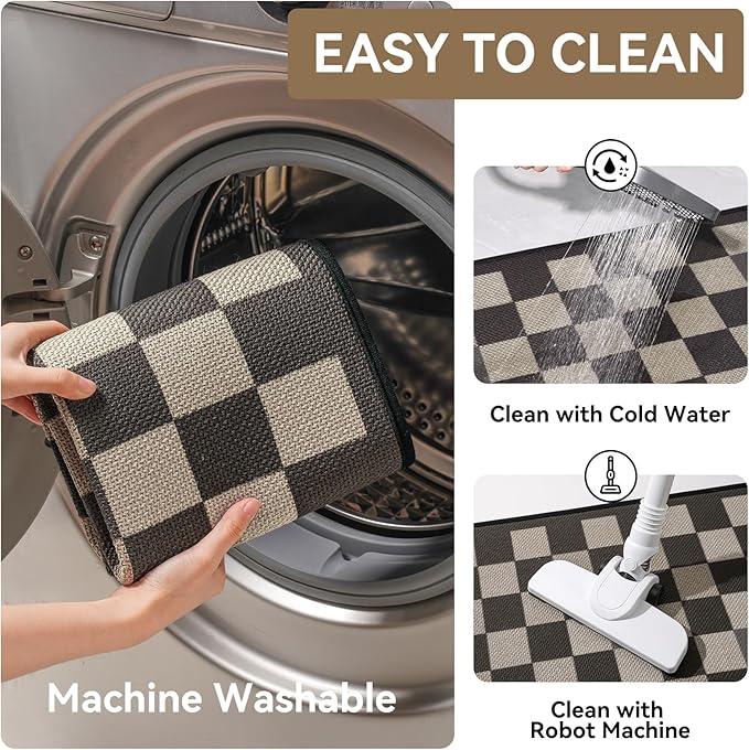 YDKGL Kitchen Mats for Floor, Super Absorbent Kitchen Rugs Non Slip Washable, Linen-Look Woven Cushion Kitchen Runner Rug, Kitchen Sink Standing Mat, Black Beige Checkered 17"x30"