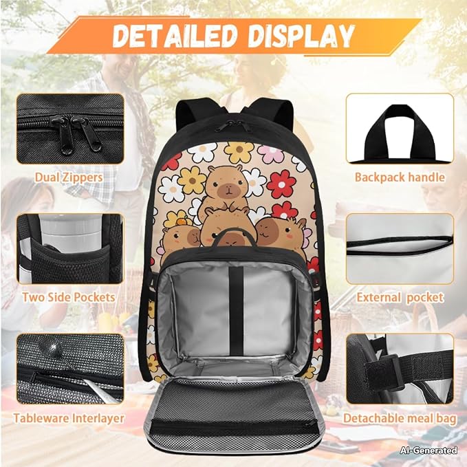 Doojoayie Floral Capybara Backpacks for Girls with Lunch Box Fashion Casual School Bags for Kids 6-8 17 inch Bookbag with Heavy Duty Zippers for Daily School Needs Keep Organized