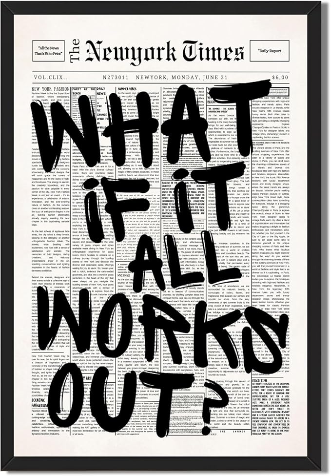 Vintage Black And White Newspaper Wall Art What If It All Works Out Canvas Poster Positive Affirming Quote Minimalist Prints Painting for Home Bedroom Living Room Wall Decor 12x16inch Black frame