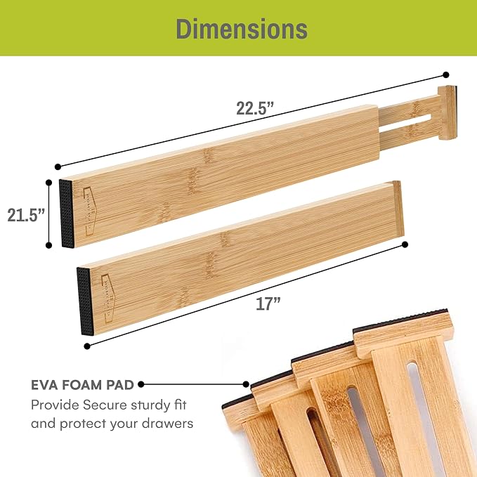 Bamboo Drawer Dividers Adjustable & Expandable, Kitchen Drawer Organizer, Ideal for Silverware, Dresser Drawers Organizer or Bedroom & Bathroom Drawers Organizers (8pk)
