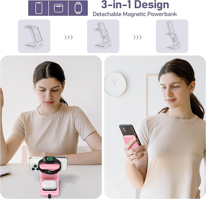 Smtcsl 3 in 1 Wireless Charging Station: 5000mAh Removable Power Bank Charger Stand for Phone/Watch/Air Pods - Portable Magnetic Battery Pack for Air 17 16 15 14 13 12 Series Pink