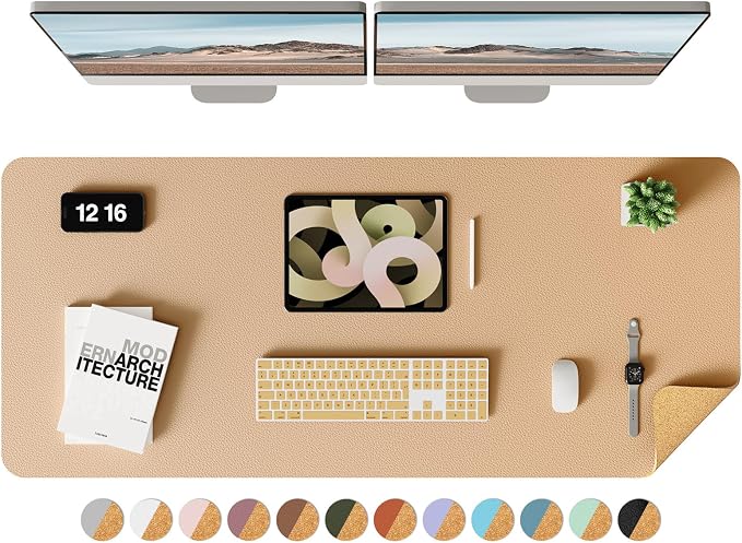 YSAGi Double-Sided Desk Mat, Eco Cork & Leather Desk Protector, Large Mouse Pad & Writing Pad for Office/Home (Apricot+Cork, 47.2" x 17")