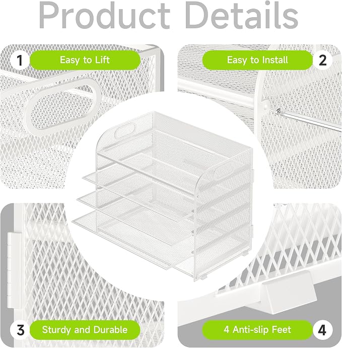 Cawukege 5 Tier Paper Organizer with Handle, White Metal Mesh Desk Organizer File Folder Paper Letter Tray Desktop Document Sorter for Classroom, School, Office Accessories Organization and Storage