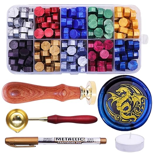 SWANGSA Celtic Dragon Wax Seal Stamp Kit with 200pcs Sealing Wax Beads, Great for Embellishment of Wedding Invitations, Wine Packages, Gift Wraps