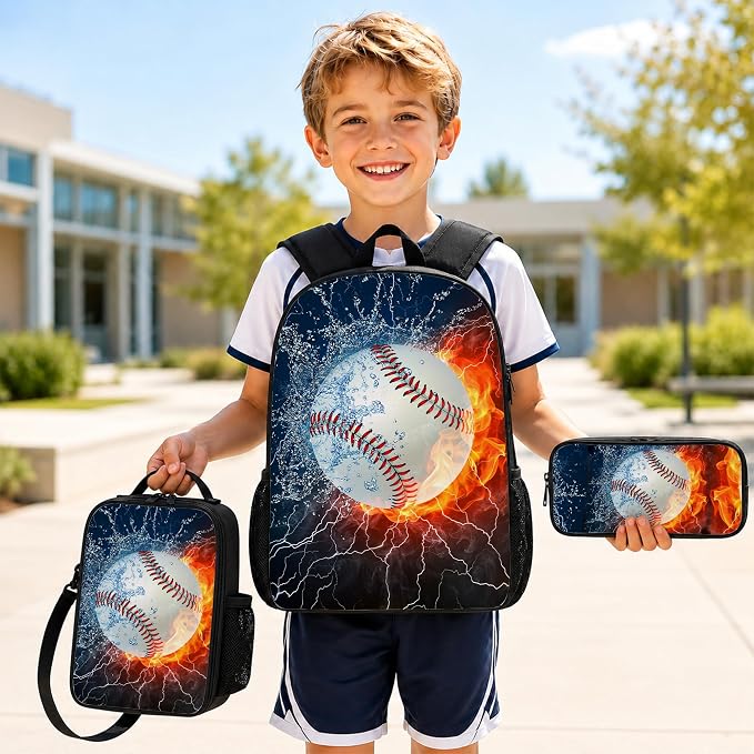 3PCS Baseball Backpacks for Boys Girls Teens, School Backpack with Lunch Box Pencil Case for Elementary Middle High Students, 17 Inch Lightweight Bookpack 3 in 1 Set Back to Shool Supplies for Kids