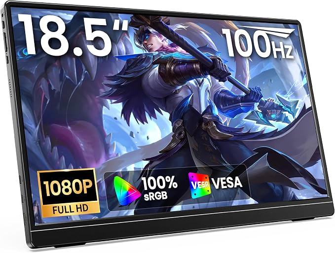ForHelp 18.5 Inch 100Hz Portable Display, 1920x1080 16:9 FHD Monitor with Built-in Stand and Speakers, Compatible with Laptop, Mobile Phone and Game Consoles