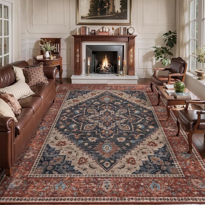 Tangsoo 6x9 Washable Area Rugs for Living Room, Vintage Indoor Non Slip Large Area Rugs, Oriental Print Carpet, Soft Boho Low Pile Rug Foldable Floor Rug for Bedroom Dining Room Home Decor