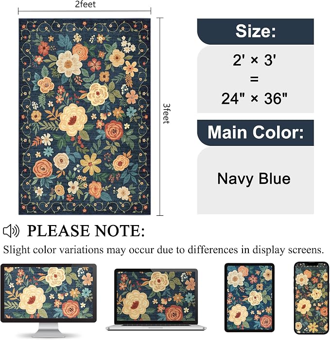 DUKINO 2x3 Rugs for Entryway, Floral Indoor Washable Door Mat, Non Slip Boho Small Rug for Kitchen, Soft Low Pile Front Door Throw Rug for Entrance, Bedroom, Kitchen, Laundry, Bathroom, Dark Blue