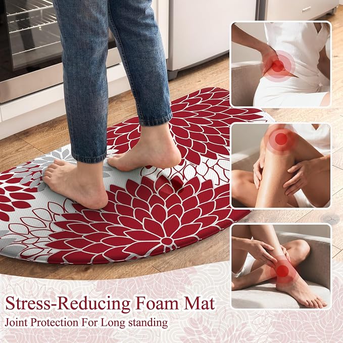 KIMODE Half Circle Kitchen Mats for Floor Cushioned Anti Fatigue Semi Round | Half Round,28"x18",Dahlia Boho,Red,Kitchen Rug Non Slip ,Waterproof Sink Floor Mat Carpet Decor for Laundry Bathroom