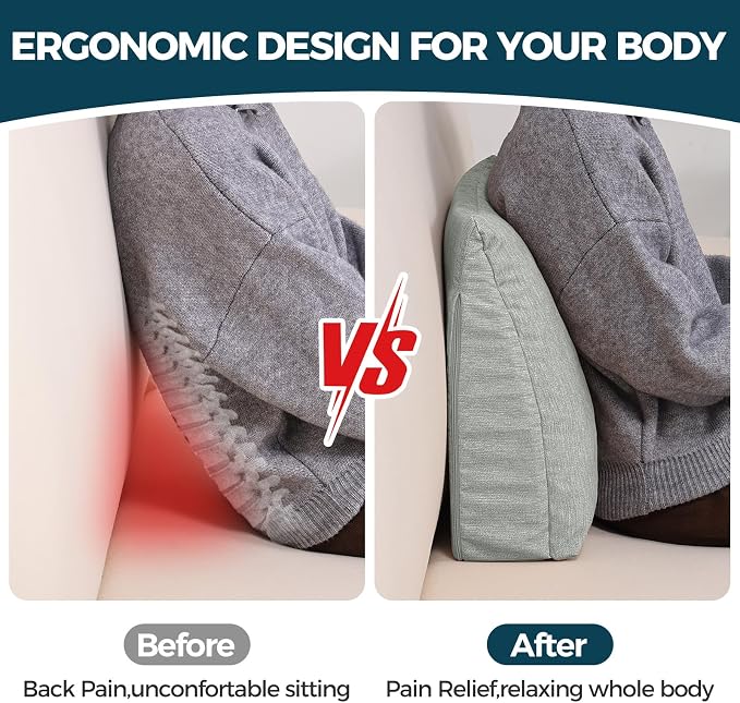 Back Support Pillow for Recliner Soft Dual Layer Lumbar Support Pillow with Shredded Memory Foam Ergonomic Orthopedic Couch Lumbar Cushions for Elderly Lower Back Pain Relief Light Grey