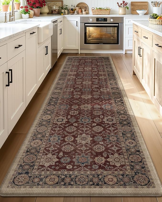 Color&Geometry Kitchen Mat 24x87 Faded Vintage Anti Fatigue, Deep Russet | 0.4in Cushion Standing Mat For Cooking/Working/Laundry, Boho Decor, Non Slip PVC Kitchen Rug, Oil/Water Proof, Anti Slip