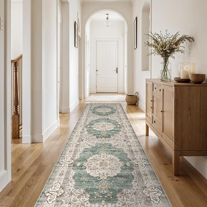 3x10 Washable Hallway Runner Rug:Oriental Indoor Kitchen Rugs Vintage Door Mat Non Slip with Rubber Backing Low Pile Thin Carpet for Bedroom Bathroom Living Room Bedside (3x10 Green/Beige)