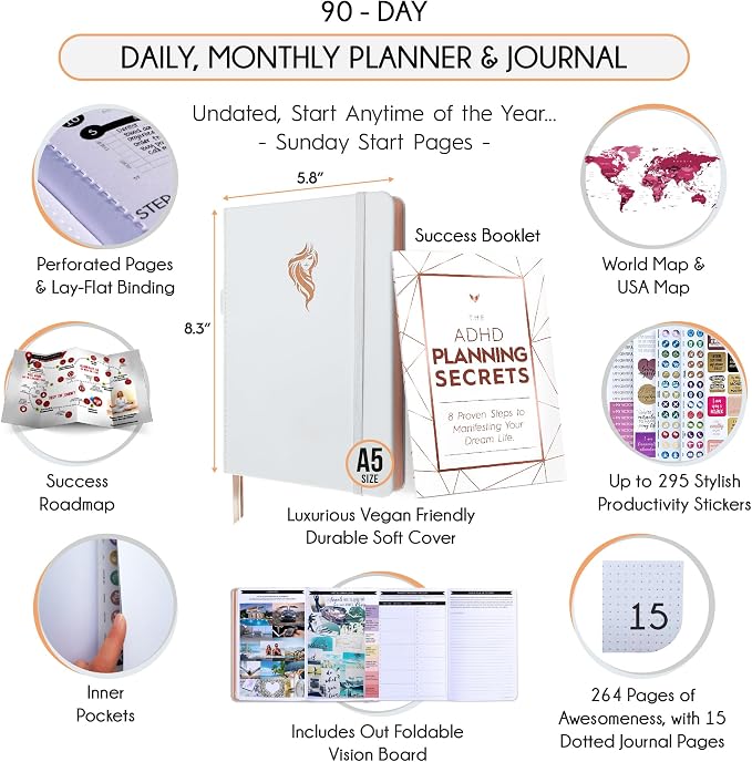 90-Day Goal Planner with Daily Journal, Gratitude & Habit Tracker | ADHD Planner, Undated, Gratitude Journal for Women and Men, Manifestation Planner & Productivity