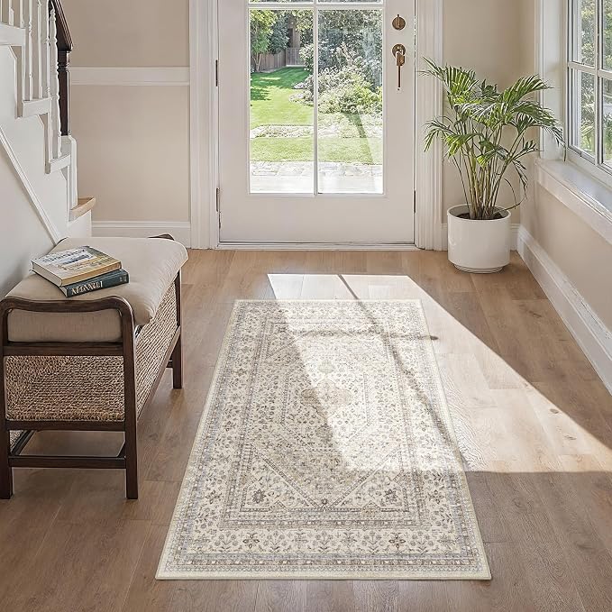 Washable 2x4 Runner Rug for Entryway: Non Slip Kitchen Rugs with Rubber Backing Soft Pet-Friendly Mats Stain Resistant Low Pile Carpet for Hallway Bedroom Bathroom Laundry Home Decor Beige/Gray