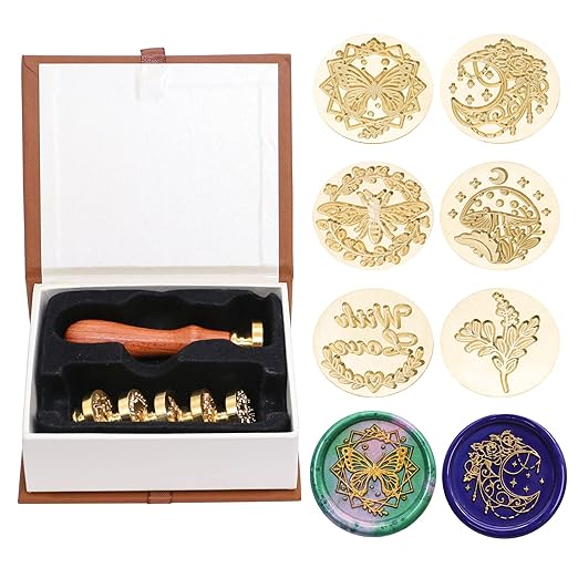 SWANGSA Wax Seal Stamp Set, Vintage 6 Pieces Sealing Wax Stamp Heads and 1 Wooden Handle for Wedding Party Invitations, Letters, Envelopes, Christmas (with Love Bee Moon Eucalyptus Set)