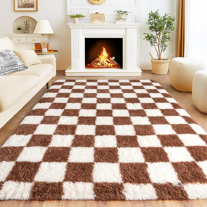 Area Rugs for Living Room 6x9, Ultra Fluffy Checkered Rug Fuzzy Shag Shaggy Carpets for Bedroom, Modern Non-Slip Indoor Soft Plush Furry Rug for Boy Girls Room Dorm Home Decor, Cream and Coffee